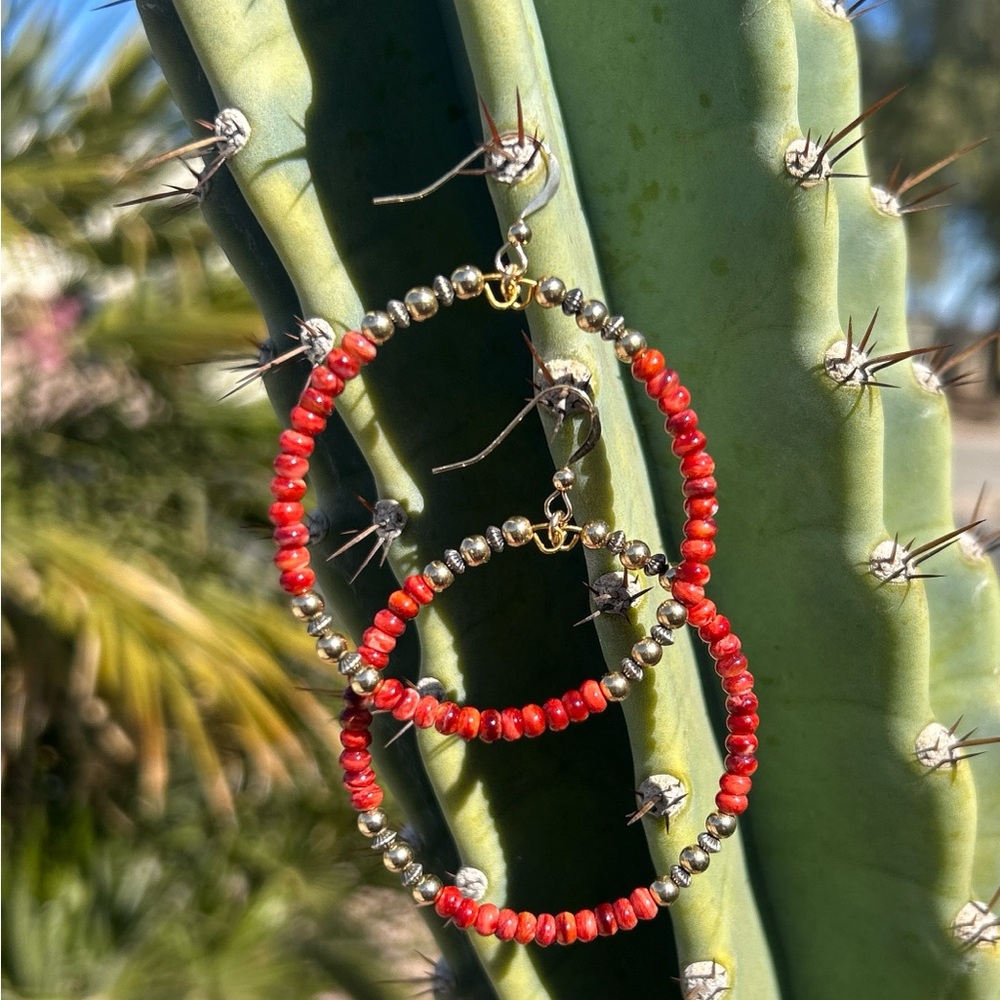 Navajo handmade Red Spiny Oyster Shell 14K Gold Filled Hoop Earrings